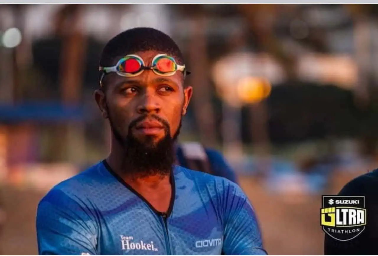 Sanele in race kit before the swim