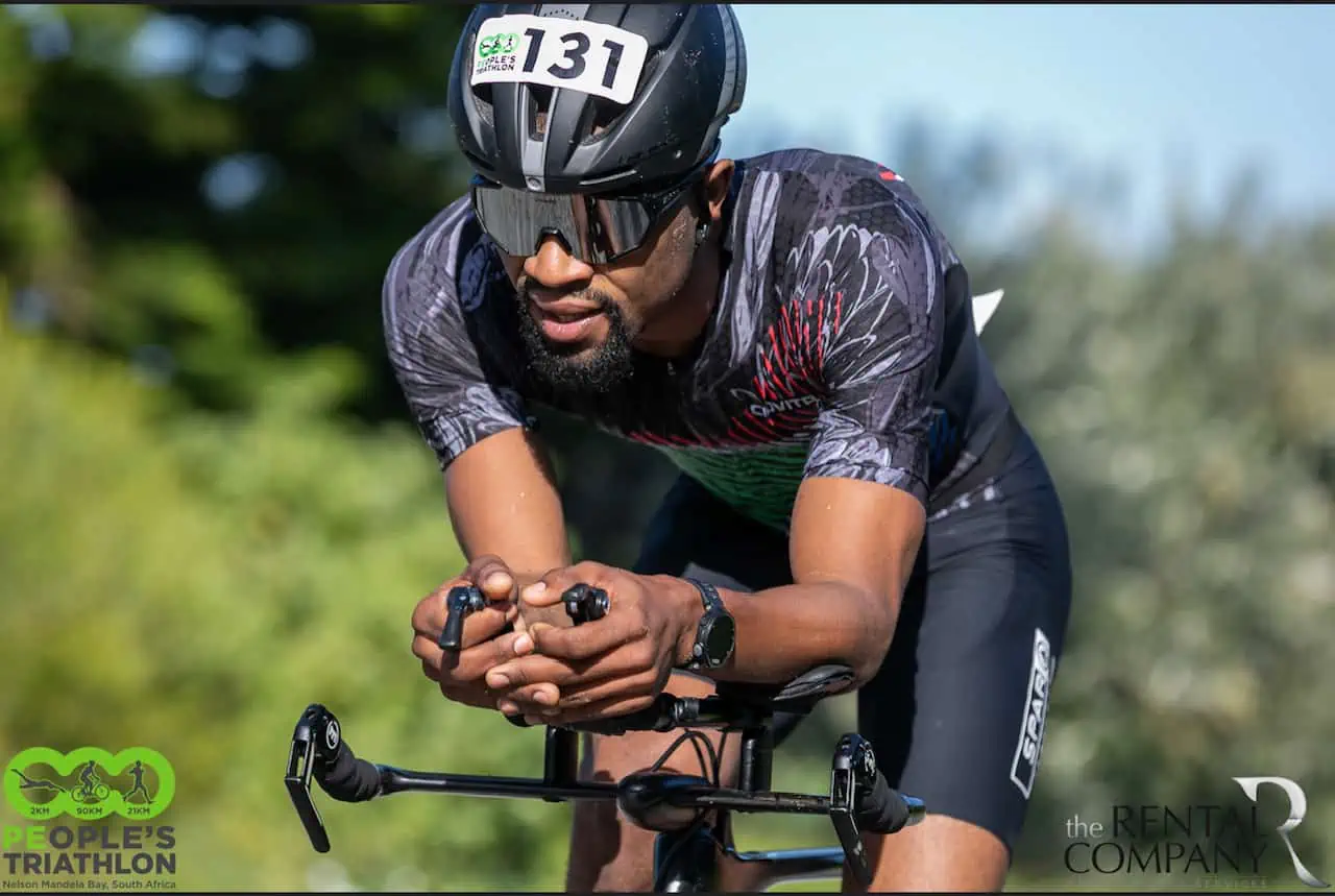 Close-up of Sanele cycling